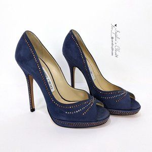 Jimmy Choo Blue Studded Suede Peep Toe High Heel